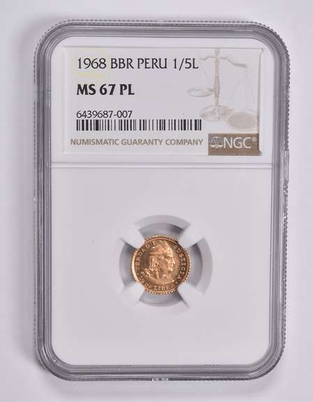 MS67 PL 1968 BBR Peru 1/5 Lima Gold Coin NGC