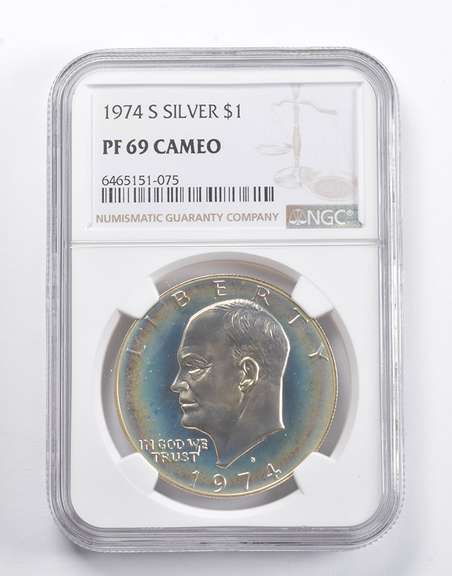 PF69 CAM 1974-S Eisenhower Silver Dollar NGC RAINBOW TONED
