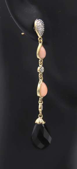 Fantastic Black Onyx and Coral Dangle Earrings in Yellow Gold