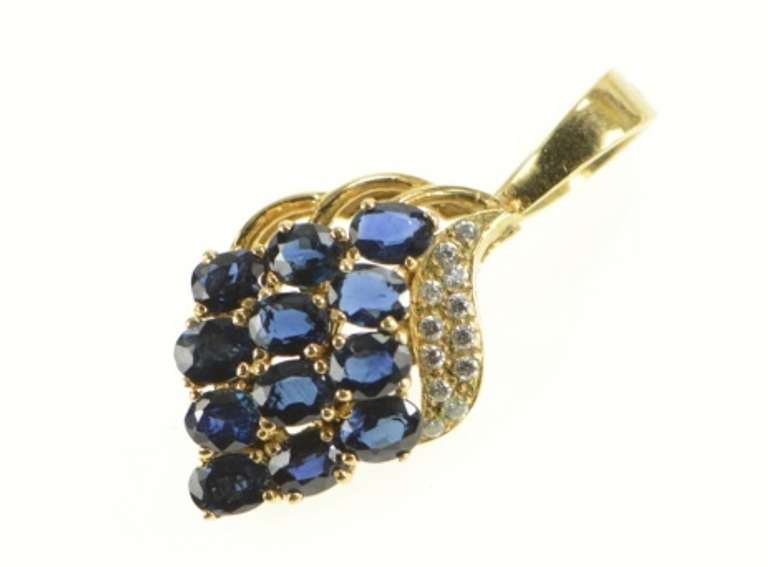 14K Yellow Gold Vintage Natural Sapphire Diamond Cluster Pendant