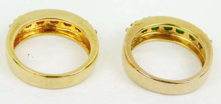 2 Sterling Vermeil Emerald & Ruby Stacking Rings, Size 6