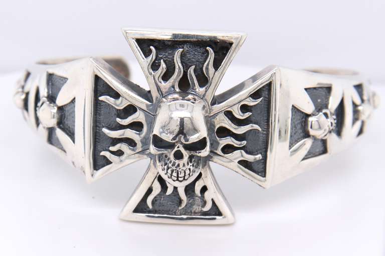 925 Sterling Silver Iron Cross Skull Cuff Bangle