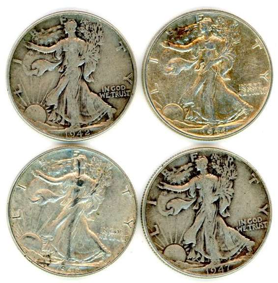 4 Different Walking Liberty Silver Half Dollars