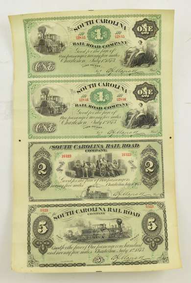 Uncut Sheet 1873 $1 $2 $5 South Carolina Railroad Company