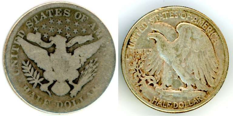Two Different Types of US Half Dollar: 1897 Barber & 1947 Walking Liberty