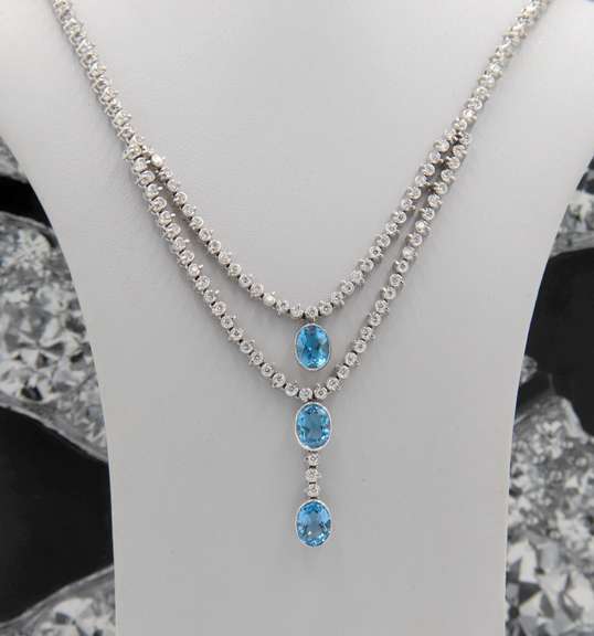Unconventional 18kt Blue Topaz 3 Oval w RBC Diamond Necklace