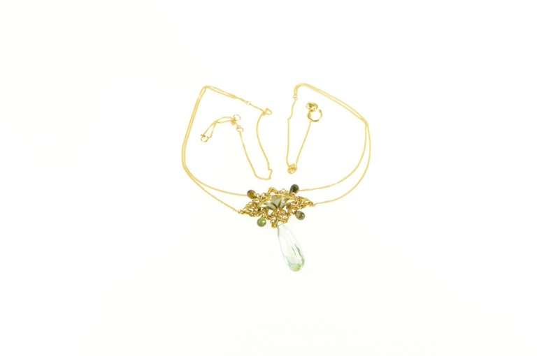 18K Yellow Gold 1940's Prasiolite Quartz Drop Elaborate Necklace