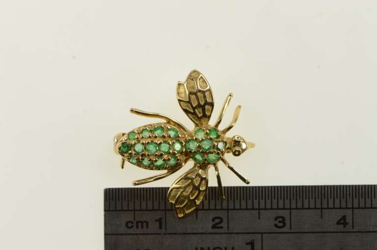 14K Yellow Gold Retro Bee Pave Emerald Fly Bug Pin/Brooch