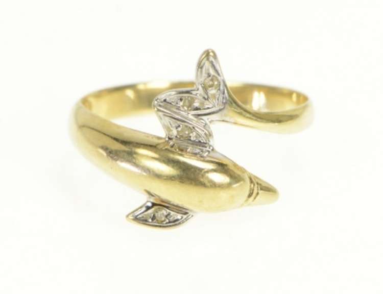 10K Yellow Gold Diamond Inset Dolphin Wrap Bypass Ring