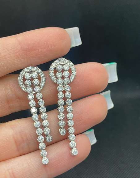 STUNNING 3.00 CARATS T.W. TWO ROW CASCADING DANGLE DROP DIAMOND EARRINGS IN SOLID 14K WHITE GOLD