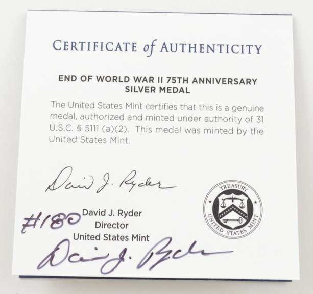 2020 End Of WWII 75th Anniv Silver Medal David Ryder Sign COA NO COIN