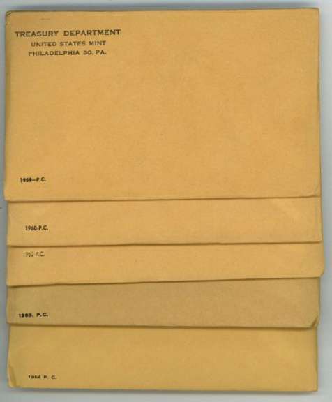 Five (5) UNOPENED 1959 Silver Proof Sets. Fresh original envelopes