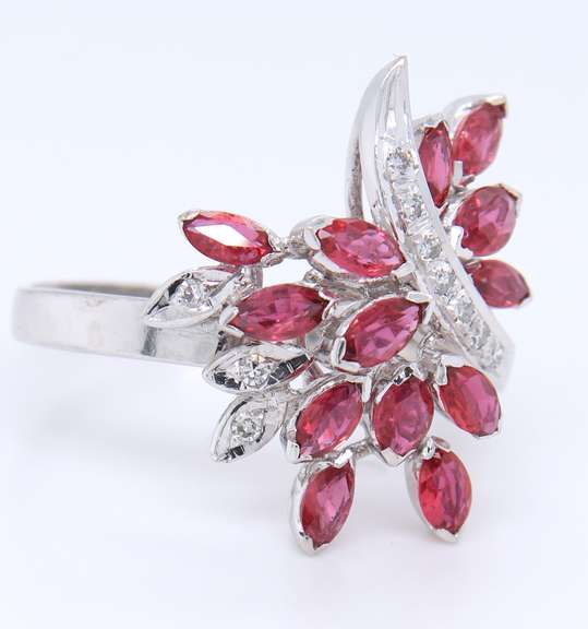 Attractive Marquoise Ruby and Diamond Spray Ring