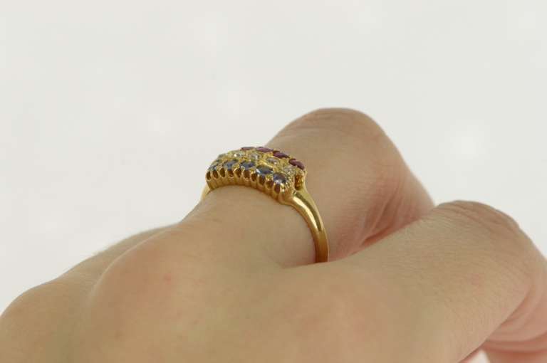 18K Yellow Gold 1913 1.10Ctw OEC Diamond Sapphire Ruby Band Ring