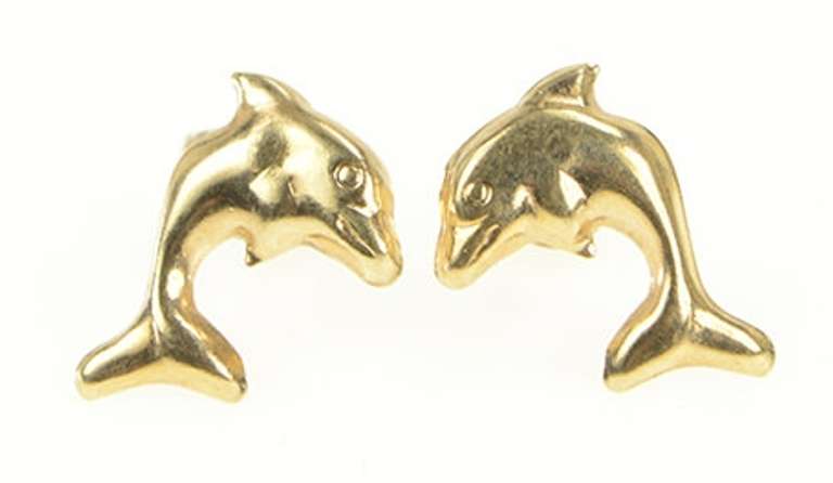14K Yellow Gold High Relief Dolphin Ocean Animal Stud Earrings