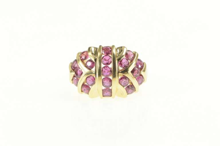 14K Yellow Gold Geometric Ruby Encrusted Domed Statement Ring