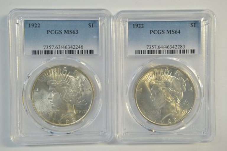 2 Choice to Near Gem BU 1922 Peace Silver Dollars. PCGS MS63 & 64