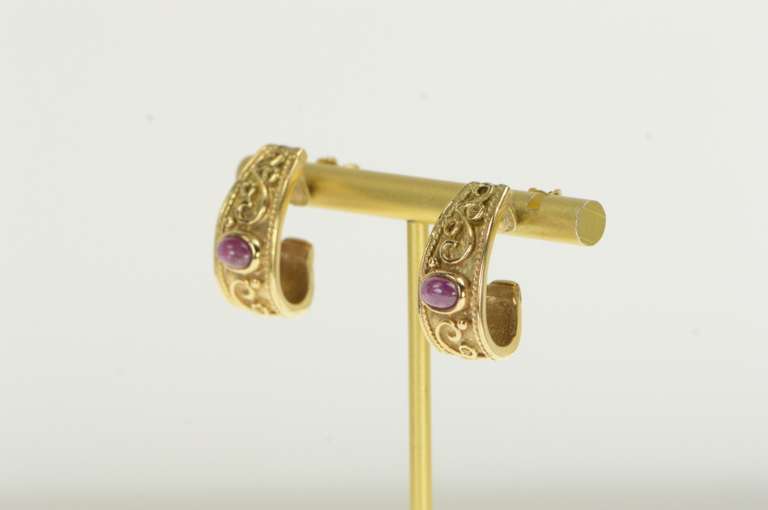 14K Yellow Gold Natural Ruby Etruscan Revival Semi Hoop Earrings