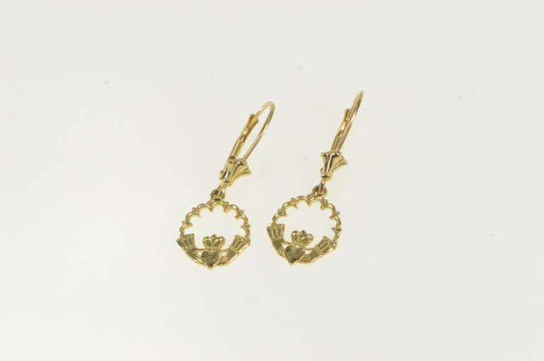 14K Yellow Gold Traditional Celtic Irish Claddagh Dangle Earrings
