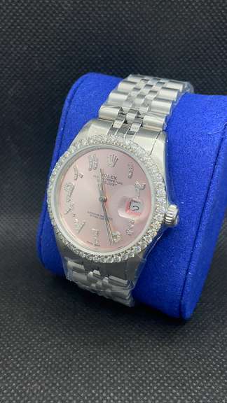 CUSTOM 2.45 CARATS ROLEX 36MM ARABIC PINK DIAL OYSTER PERPETUAL DATE-JUST STAINLESS STEEL LADIES DIAMOND WATCH
