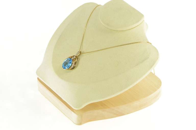 14K Yellow Gold Oval Blue Topaz Diamond Accent Elaborate Pendant