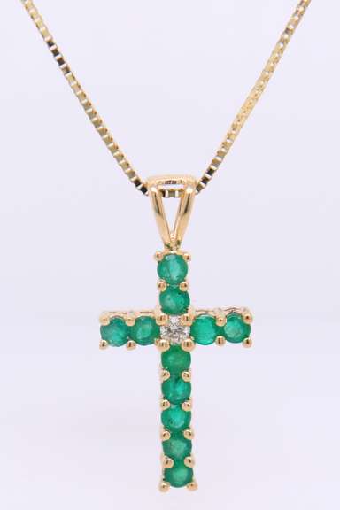 Stunning Yellow Gold Emerald and Diamond Cross Pendant on Chain