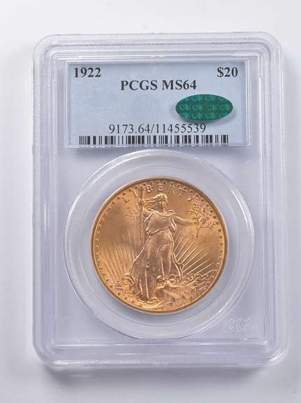 MS64 1922 $20 Saint-Gaudens Gold Double Eagle CAC PCGS