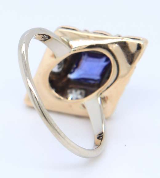 Antique White Gold Synthetic Blue Sapphire and Euro Cut Diamond Ring