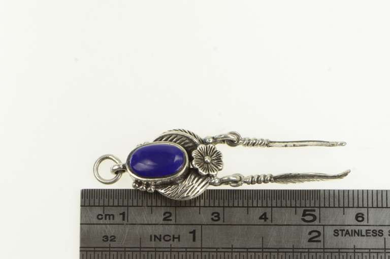 Sterling Silver Oval Blue Glass Southwestern Feather Flower Pendant