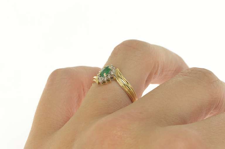 14K Yellow Gold Marquise Emerald Diamond Halo Bypass Ring