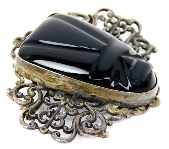 Big Vintage Black Onyx Face Mask Brooch