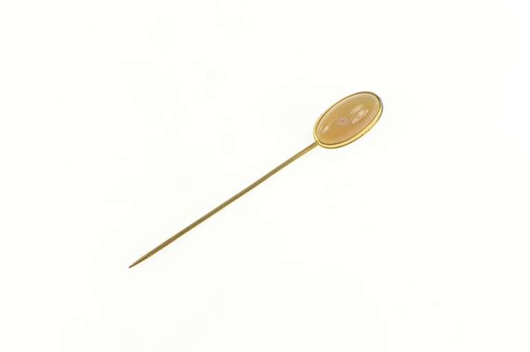 14K Yellow Gold Oval Agate Cabochon Classic Statement Stick Pin