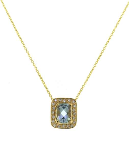 Sparkling 14kt YG Natural Aquamarine and Diamond Halo Pendant Necklace
