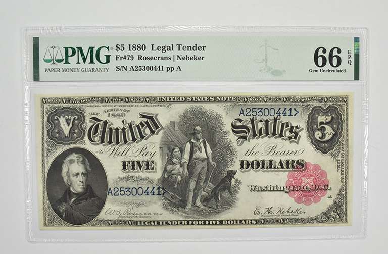 $5 1880 U.S. Legal Tender Large Note Graded PMG 66 EPQ GEM UNC Fr# 79
