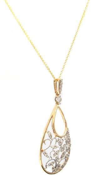 0.35ctw Diamond Two Tone Leaf Teardrop Shaped Pendant Necklace in 14K