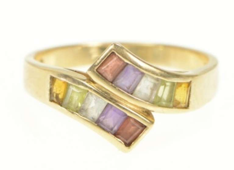 14K Yellow Gold Brazil Mix Princess Rainbow Bypass Band Ring