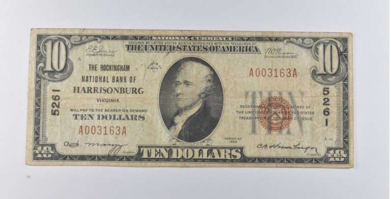 1929 $10 Harrisonburg, VA US National Currency Note 5261