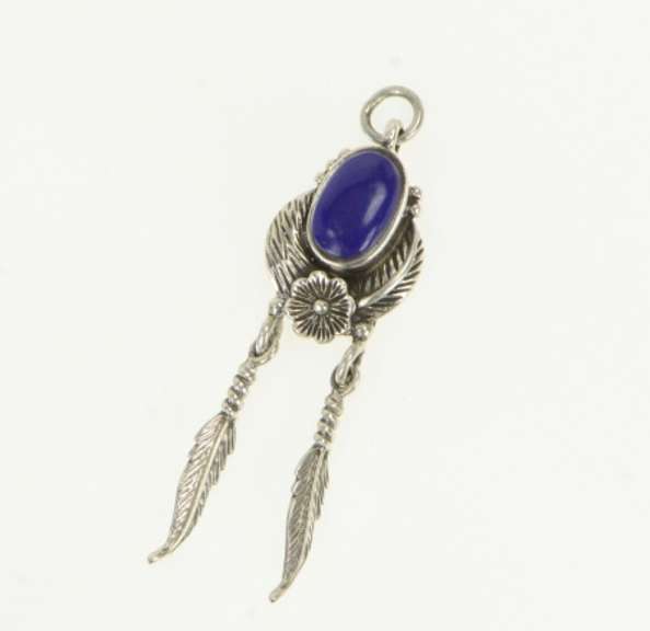 Sterling Silver Oval Blue Glass Southwestern Feather Flower Pendant