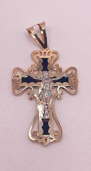 14kt Solid Yellow Gold & Onyx Cross Pendant