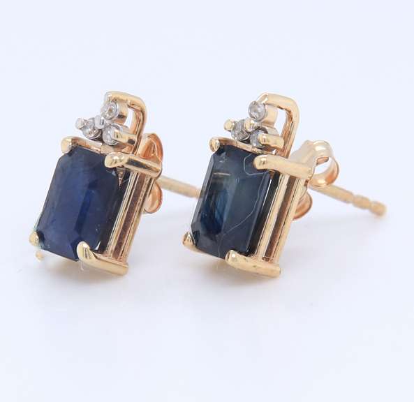 Stunning Yellow Gold Emerald Cut Sapphire and Diamond Earrings