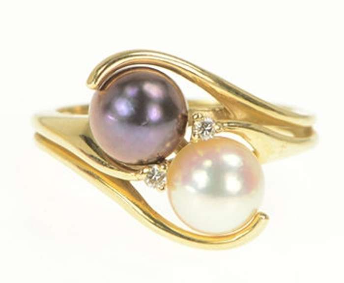 14K Yellow Gold Purple & White Pearl Diamond Bypass Statement Ring