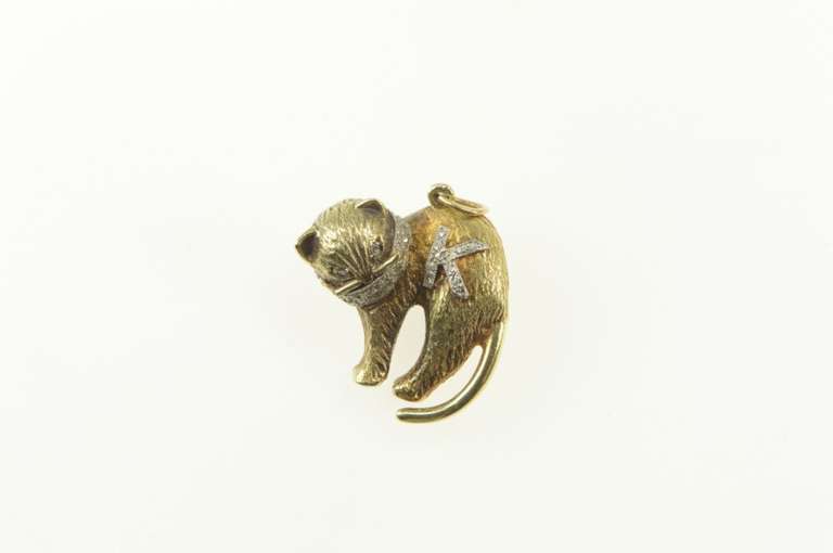 14K Yellow Gold SK Diamond Collar Kitty Cat Pet Charm/Pendant