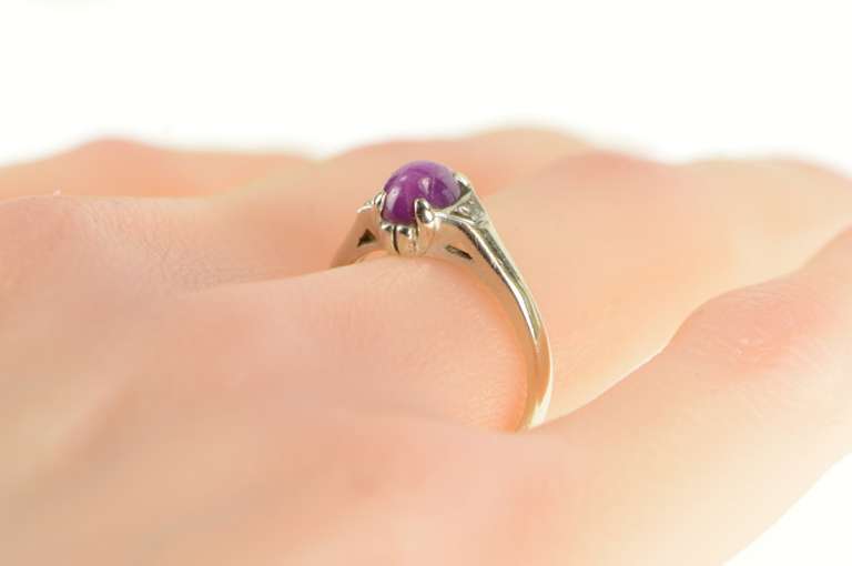 14K White Gold Oval Syn. Star Ruby Diamond 1940's Statement Ring
