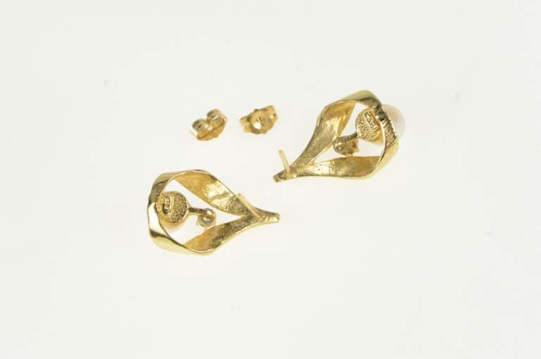 14K Yellow Gold Vintage Pearl Diamond Accent Swirl Loop Earrings