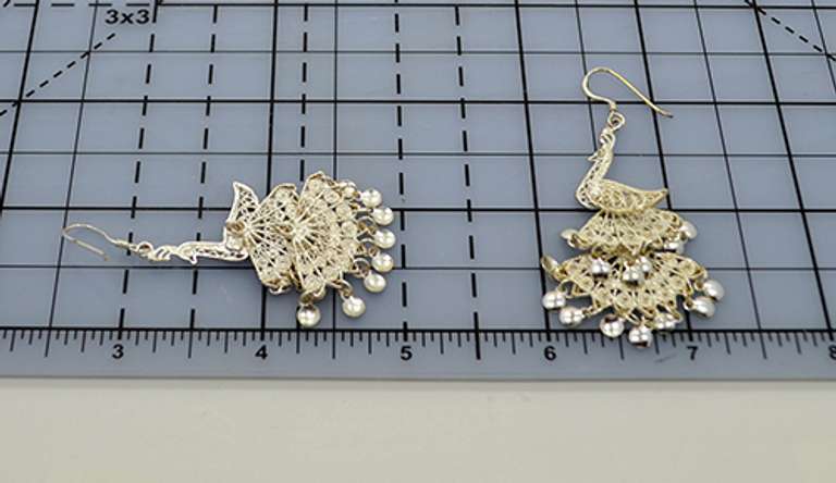 Vintage Articulated 925 Sterling Silver Filigree Peacock Movable Dangle Drop Earrings