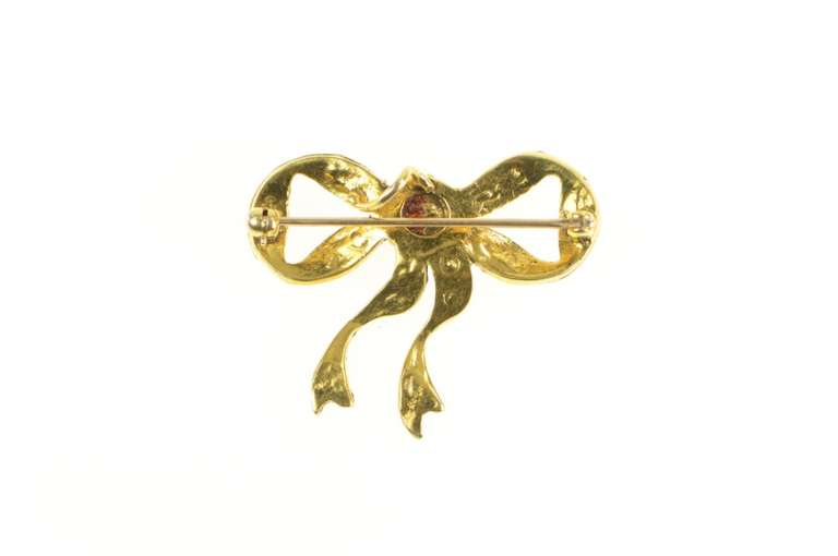 14K Yellow Gold Victorian Ruby Pearl Bow Ribbon Vintage Pin/Brooch