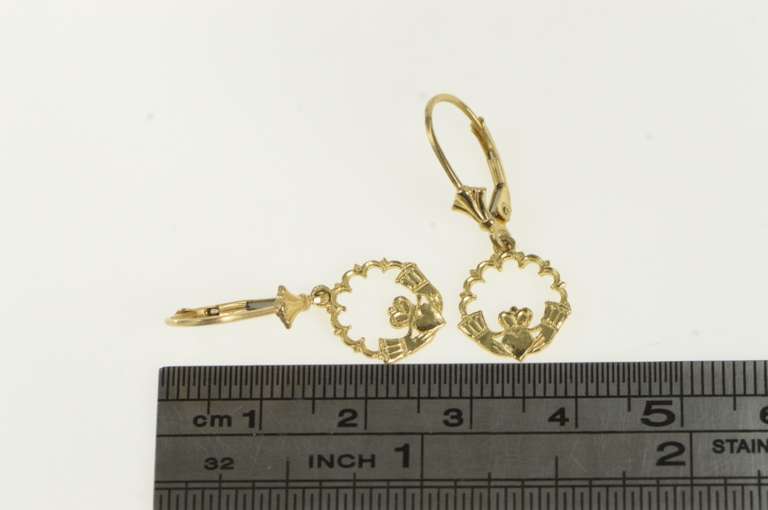 14K Yellow Gold Traditional Celtic Irish Claddagh Dangle Earrings