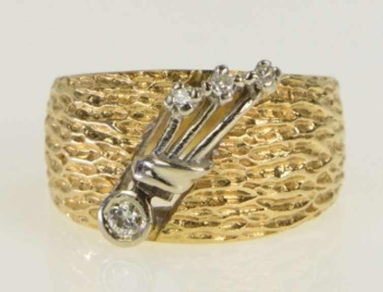 14K Yellow Gold 1940's Diamond Floral Leaf Diamond Cut Band Ring