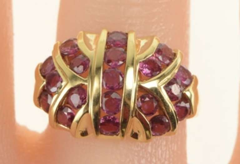 14K Yellow Gold Geometric Ruby Encrusted Domed Statement Ring