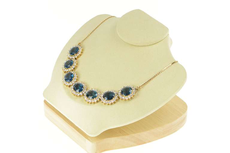 14K Yellow Gold Oval London Blue Topaz Halo Statement Necklace